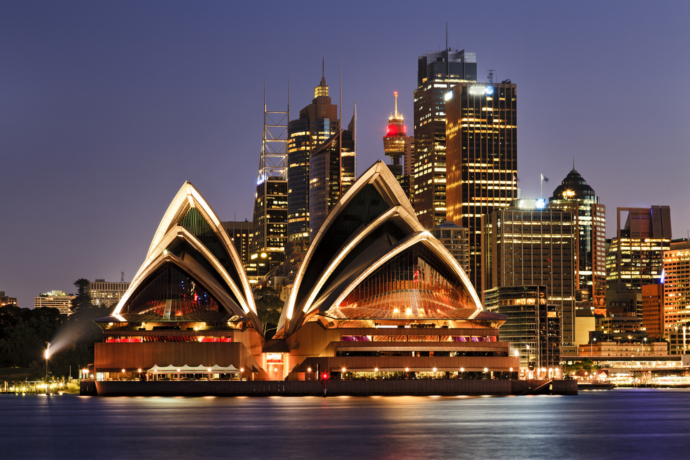 Waterfront Cityline of Sydney Downtown at Sunrise with Bright Colors