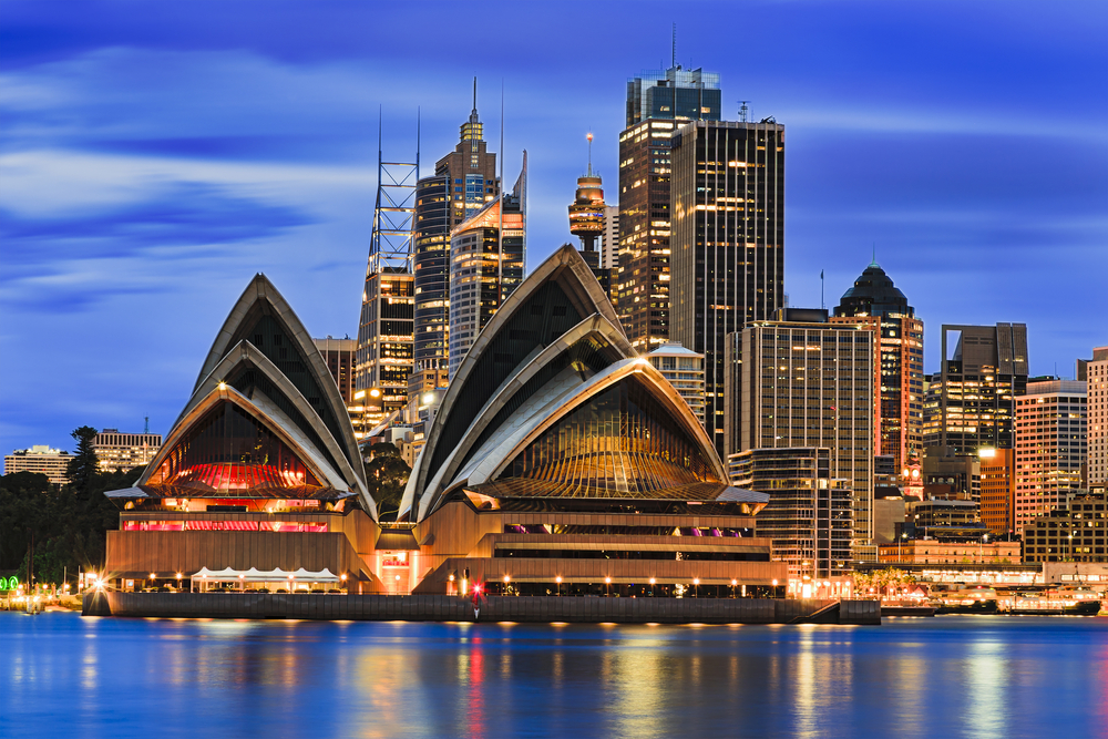 Waterfront Cityline of Sydney Downtown at Sunrise with Bright Colors